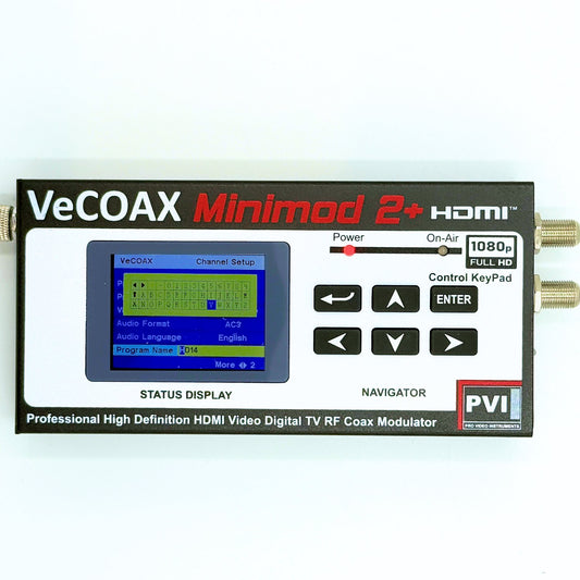Single channel HDMI modulator VeCOAX MINIMOD 2+ professional front panel with color LCD channel display front view