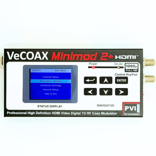 Sports bar TV modulator VeCOAX MINIMOD 2+ professional front panel with color LCD channel display front view