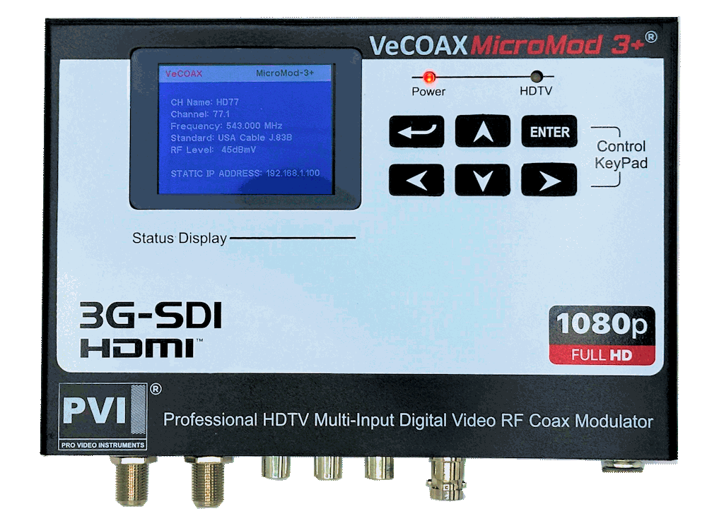 VeCOAX MICROMOD-3 SDI — 3G-SDI HDMI AV broadcast RF modulator front panel color display