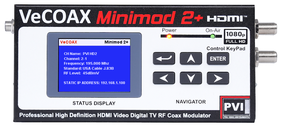 VeCOAX RACK-2 2-Channel — HDMI modulator VeCOAX MINIMOD-2+ professional front panel LCD display