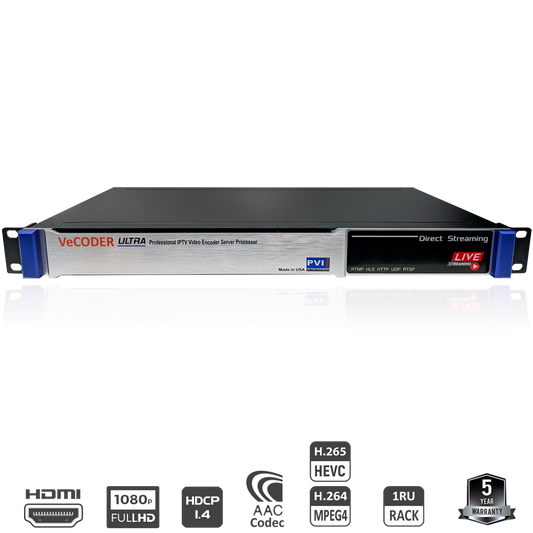 VeCODER ULTRA HD H.264 multichannel HDMI IPTV encoder rack server front by Pro Video Instruments