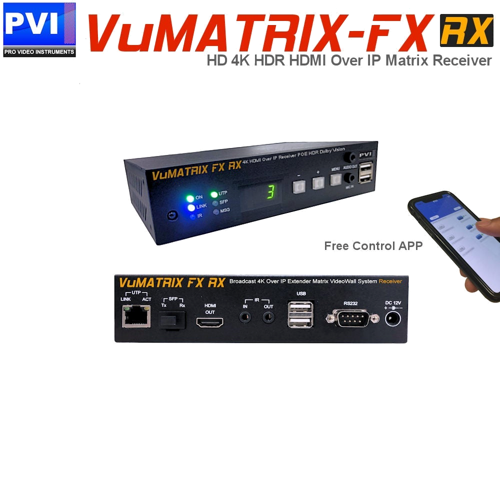 VuMATRIX FX Receiver 4K HDMI-over-IP extender with branding