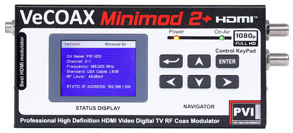 Best HDMI modulator VeCOAX MINIMOD 2+ compact aluminum enclosure with color LCD status display — professional best hdmi modulator warranty made in USA