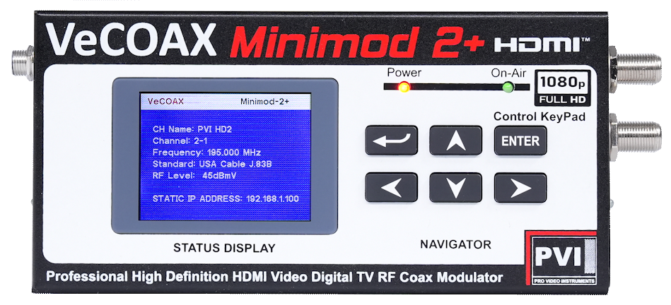 Channel modulator VeCOAX MINIMOD 2+ compact aluminum enclosure with color LCD status display — professional channel modulator made in USA