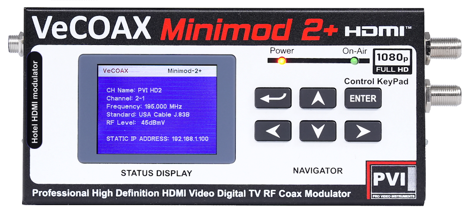 Hotel HDMI modulator VeCOAX MINIMOD 2+ compact aluminum enclosure with color LCD status display — professional hotel hdmi modulator made in USA