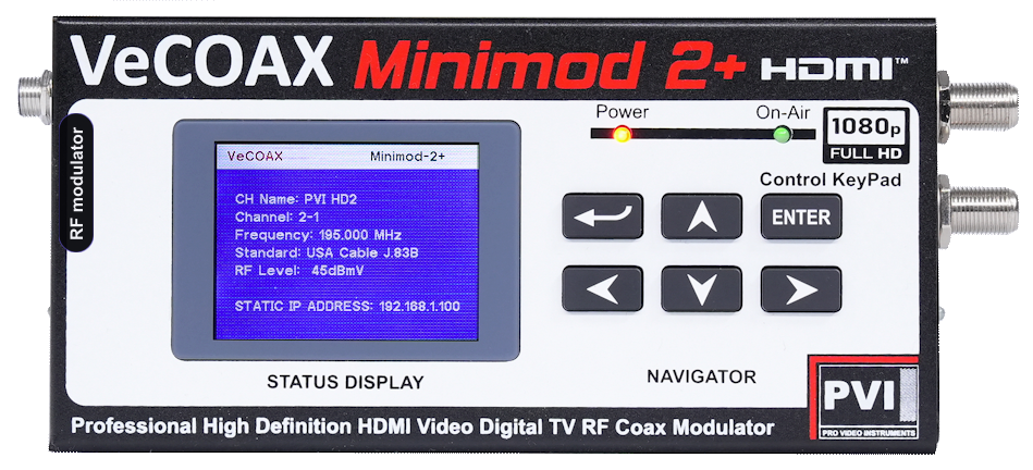 RF modulator VeCOAX MINIMOD 2+ compact aluminum enclosure with color LCD status display — professional rf modulator made in USA
