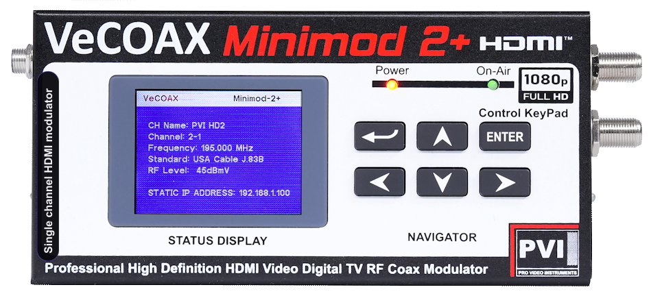 Single channel HDMI modulator VeCOAX MINIMOD 2+ compact aluminum enclosure with color LCD status display — professional single channel modulator made in USA
